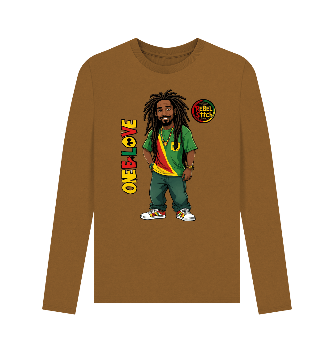 Brown Rebel Stitch Premium Cotton Long Sleeve T-Shirt Zion-One Love Front Print #1