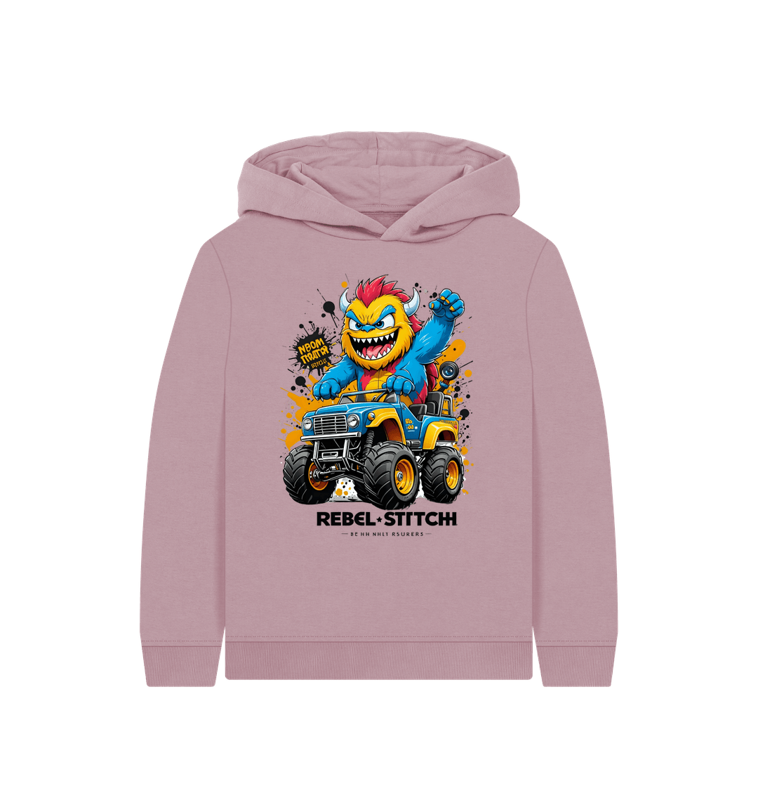 Mauve Rebel Stitch Premium Cotton Kids Hoodie Monster Truck Front Print #1