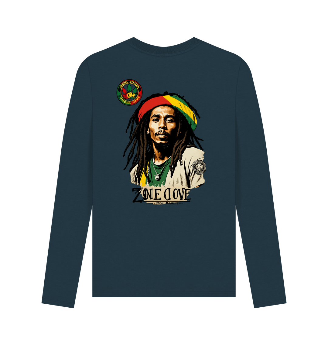 Denim Blue Rebel Stitch Premium Cotton Long Sleeve T-Shirt Zion-One Love Back Print #4