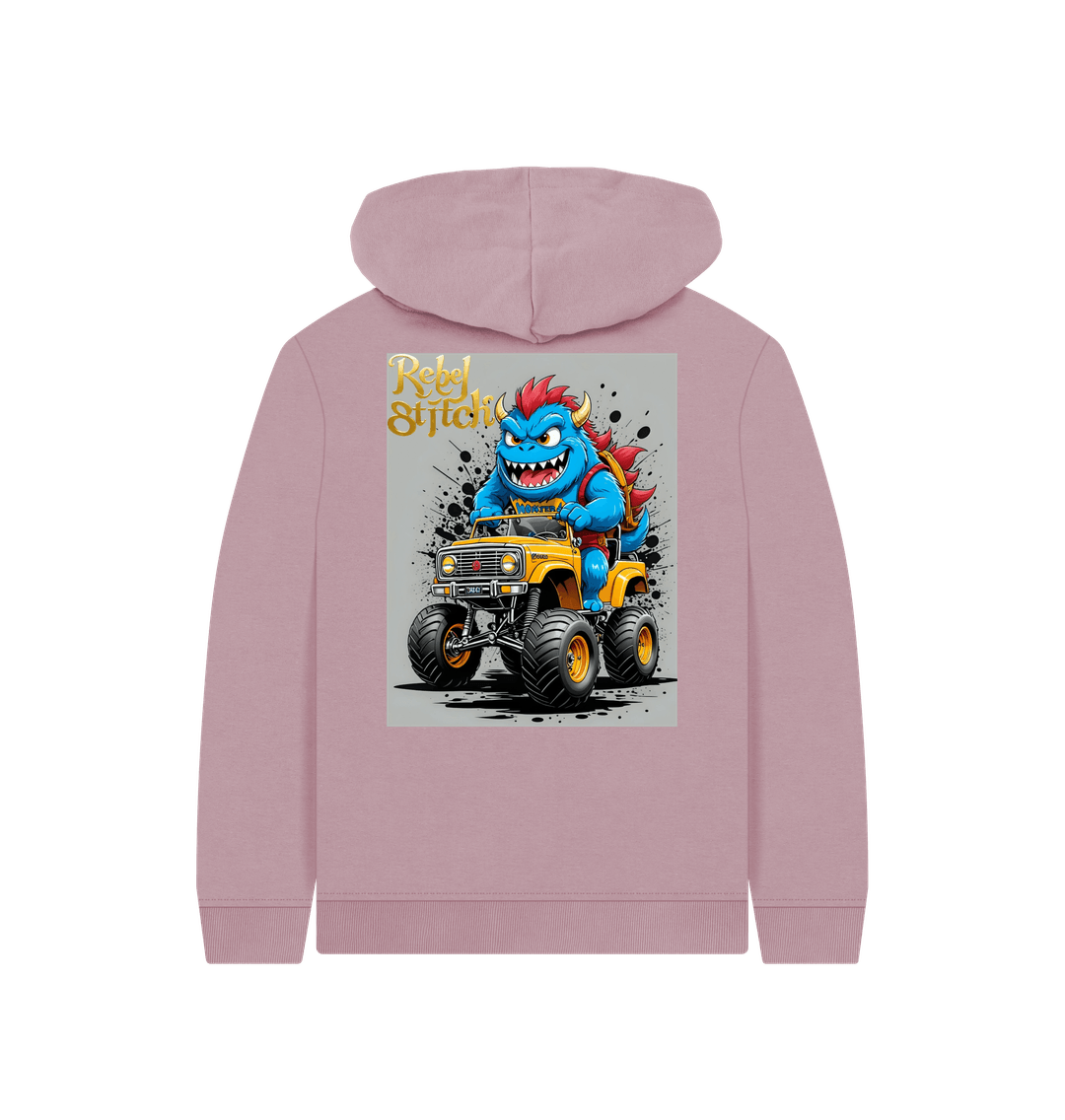 Mauve Rebel Stitch Premium Cotton Kids Hoodie Monster Truck Back Print #4