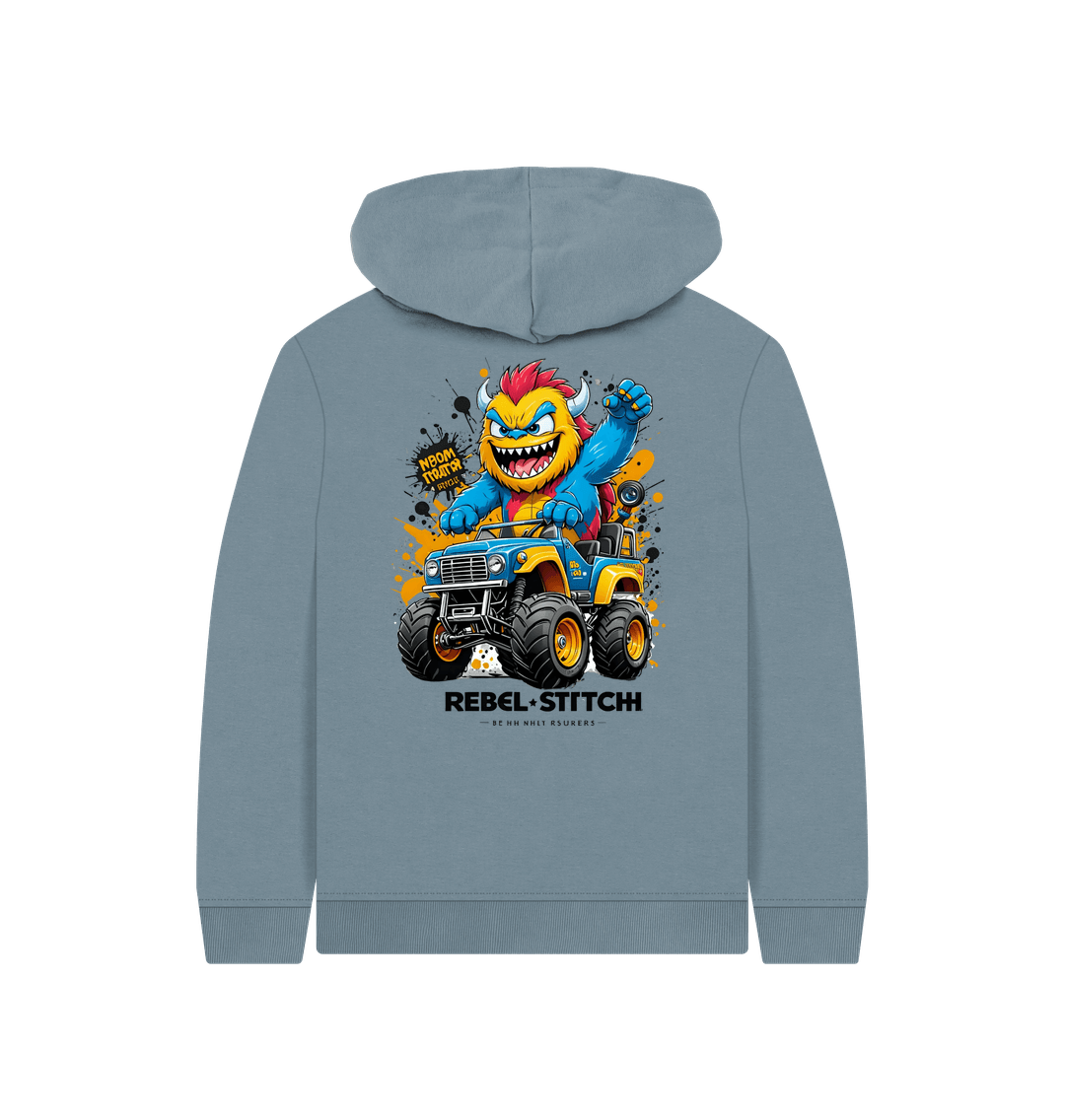 Stone Blue Rebel Stitch Premium Cotton Kids Hoodie Monster Truck Back Print #1