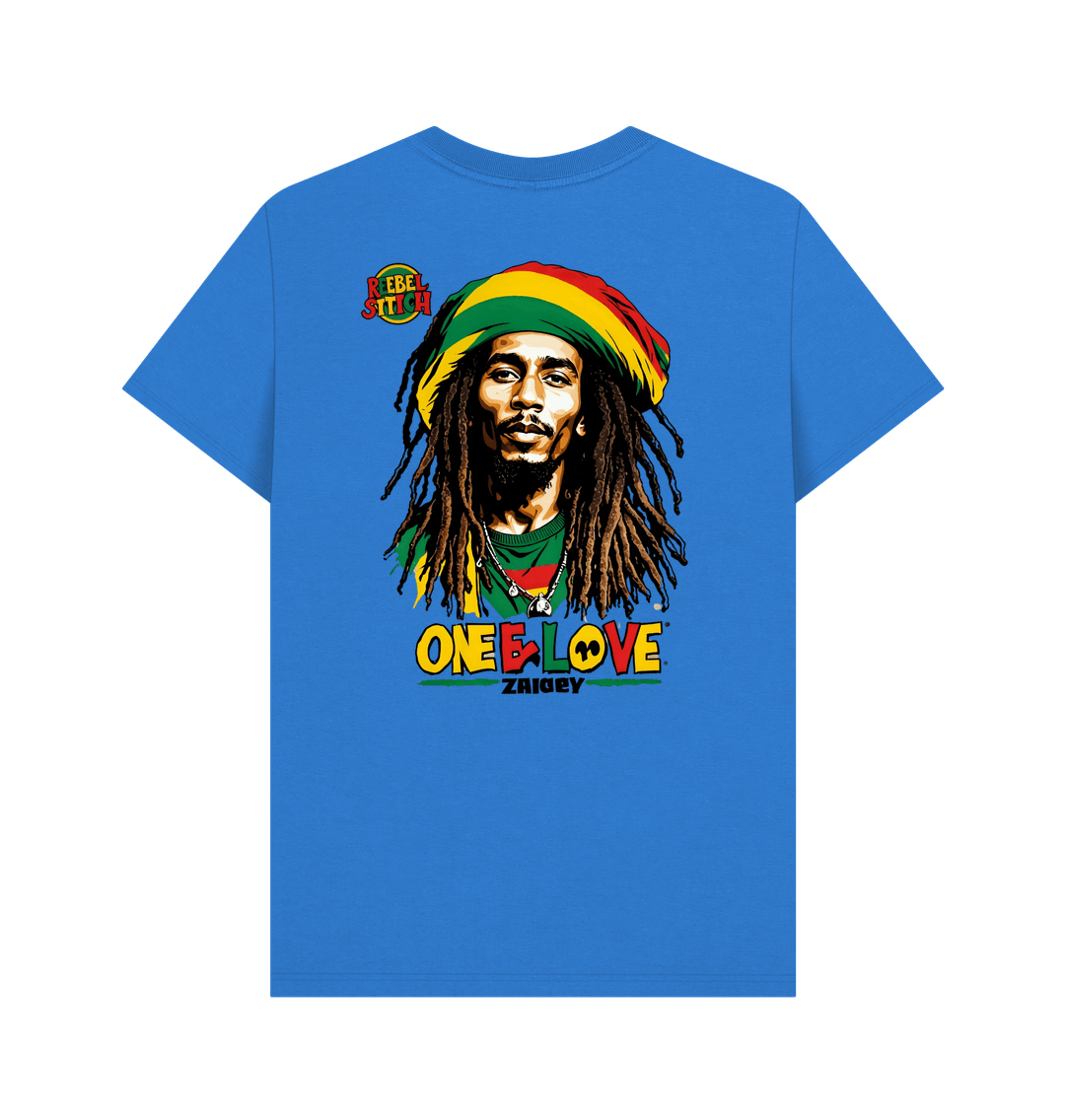 Bright Blue Rebel Stitch Premium Cotton Short Sleeve T-Shirt Zion-One Love Back Print #2