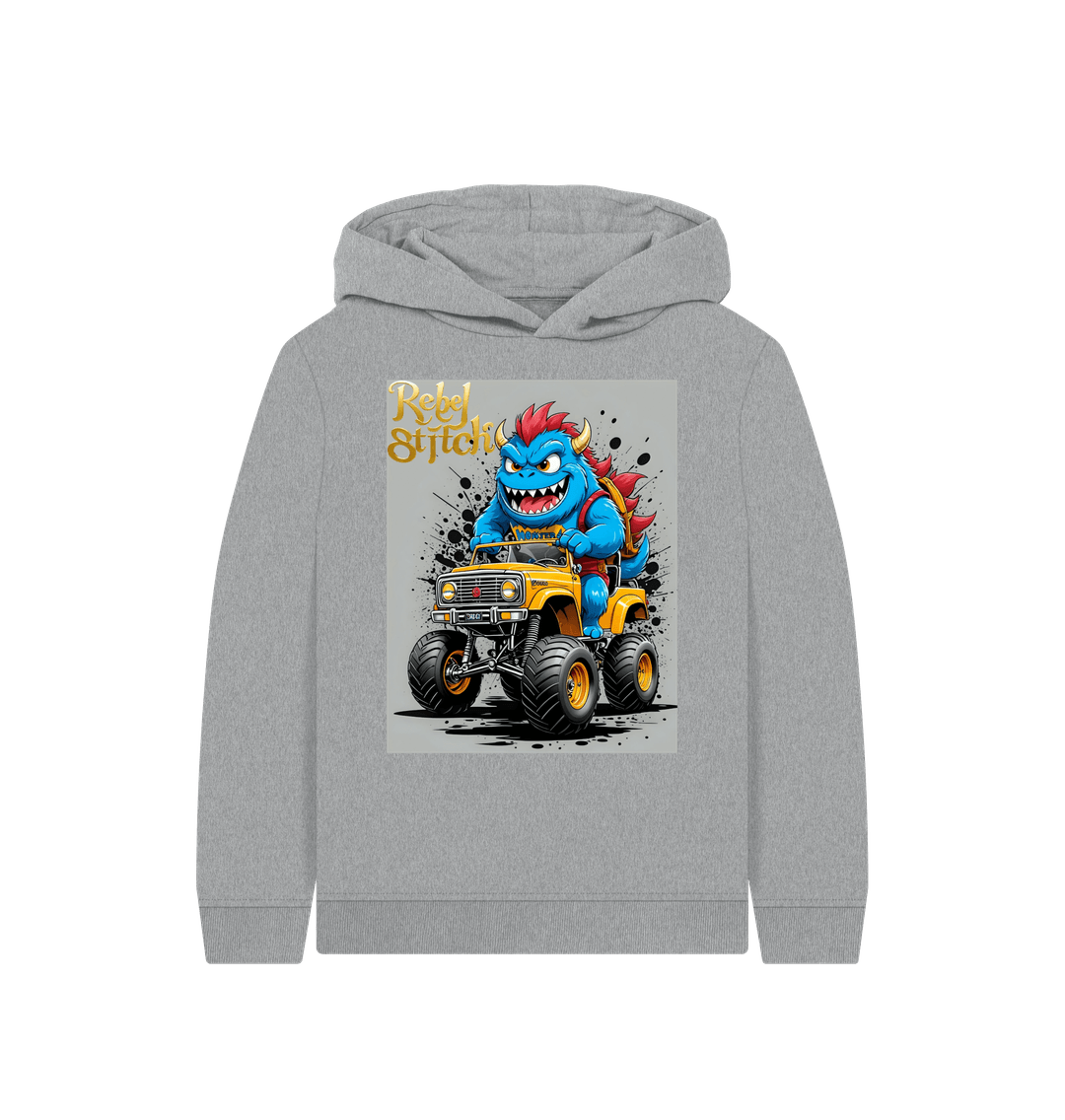 Athletic Grey Rebel Stitch Premium Cotton Kids Hoodie Monster Truck Front Print #4