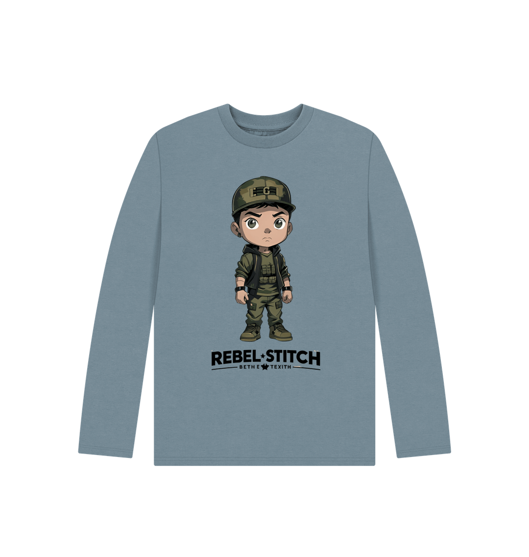 Stone Blue Rebel Stitch Premium Cotton Long Sleeve Kids T-Shirt Rebel Kids Front Print #4