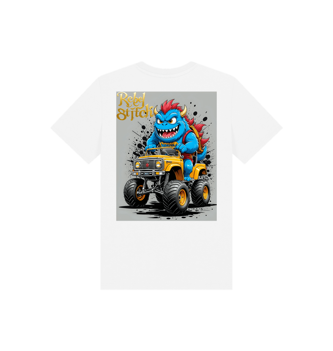 White Rebel Stitch Premium Cotton Short Sleeve Kids T-Shirt Monster Truck Back Print #4