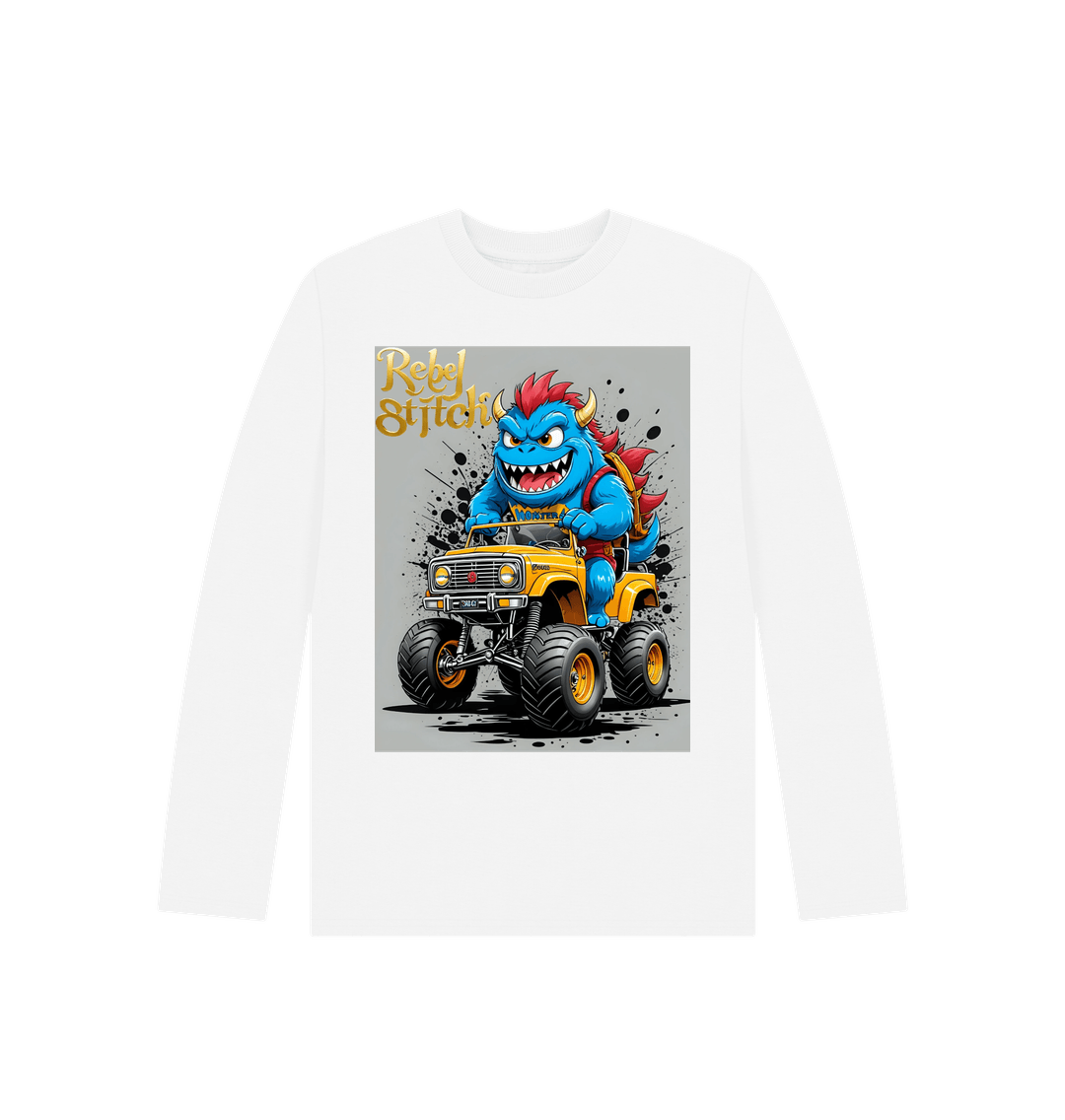 White Rebel Stitch Premium Cotton Long Sleeve Kids T-Shirt Monster Truck Front Print #4