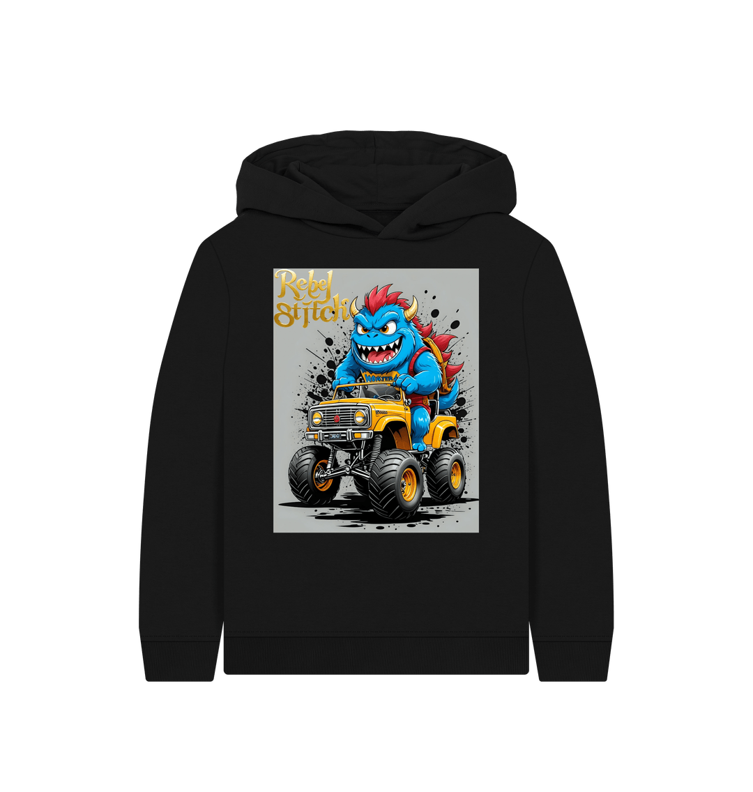 Black Rebel Stitch Premium Cotton Kids Hoodie Monster Truck Front Print #4