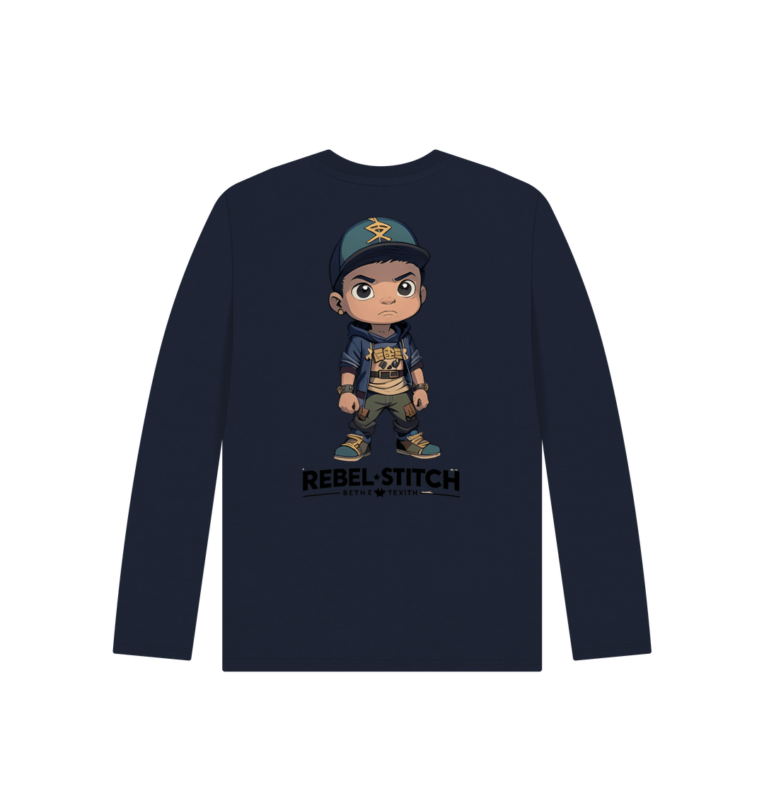 Navy Blue Rebel Stitch Premium Cotton Long Sleeve Kids T-Shirt Rebel Kids Back Print #3