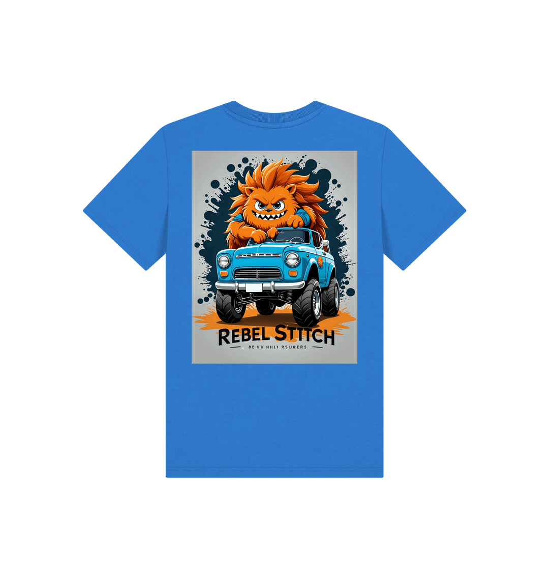 Bright Blue Rebel Stitch Premium Cotton Short Sleeve Kids T-Shirt Monster Truck Back Print #2