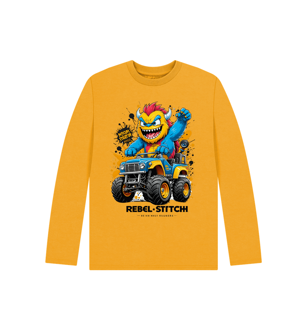 Mustard Rebel Stitch Premium Cotton Long Sleeve Kids T-Shirt Monster Truck Front Print #1