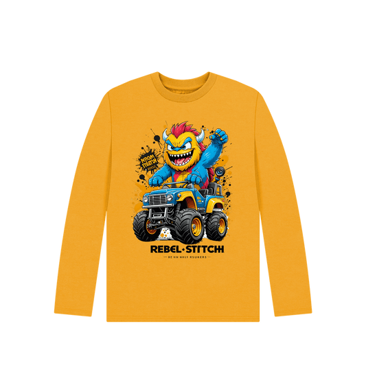 Mustard Rebel Stitch Premium Cotton Long Sleeve Kids T-Shirt Monster Truck Front Print #1