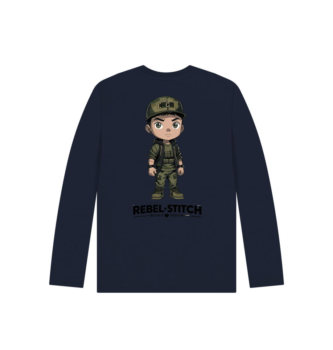 Navy Blue Rebel Stitch Premium Cotton Long Sleeve Kids T-Shirt Rebel Kids Back Print #4