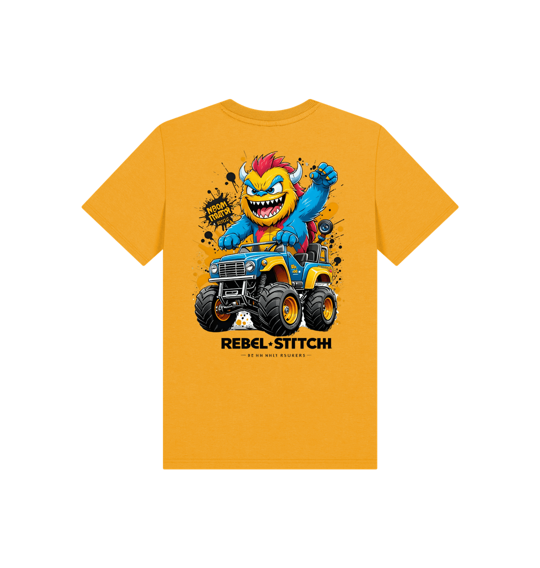 Mustard Rebel Stitch Premium Cotton Short Sleeve Kids T-Shirt Monster Truck Back Print #1