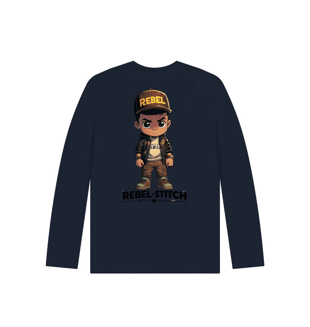 Navy Blue Rebel Stitch Premium Cotton Long Sleeve Kids T-Shirt Rebel Kids Back Print #1