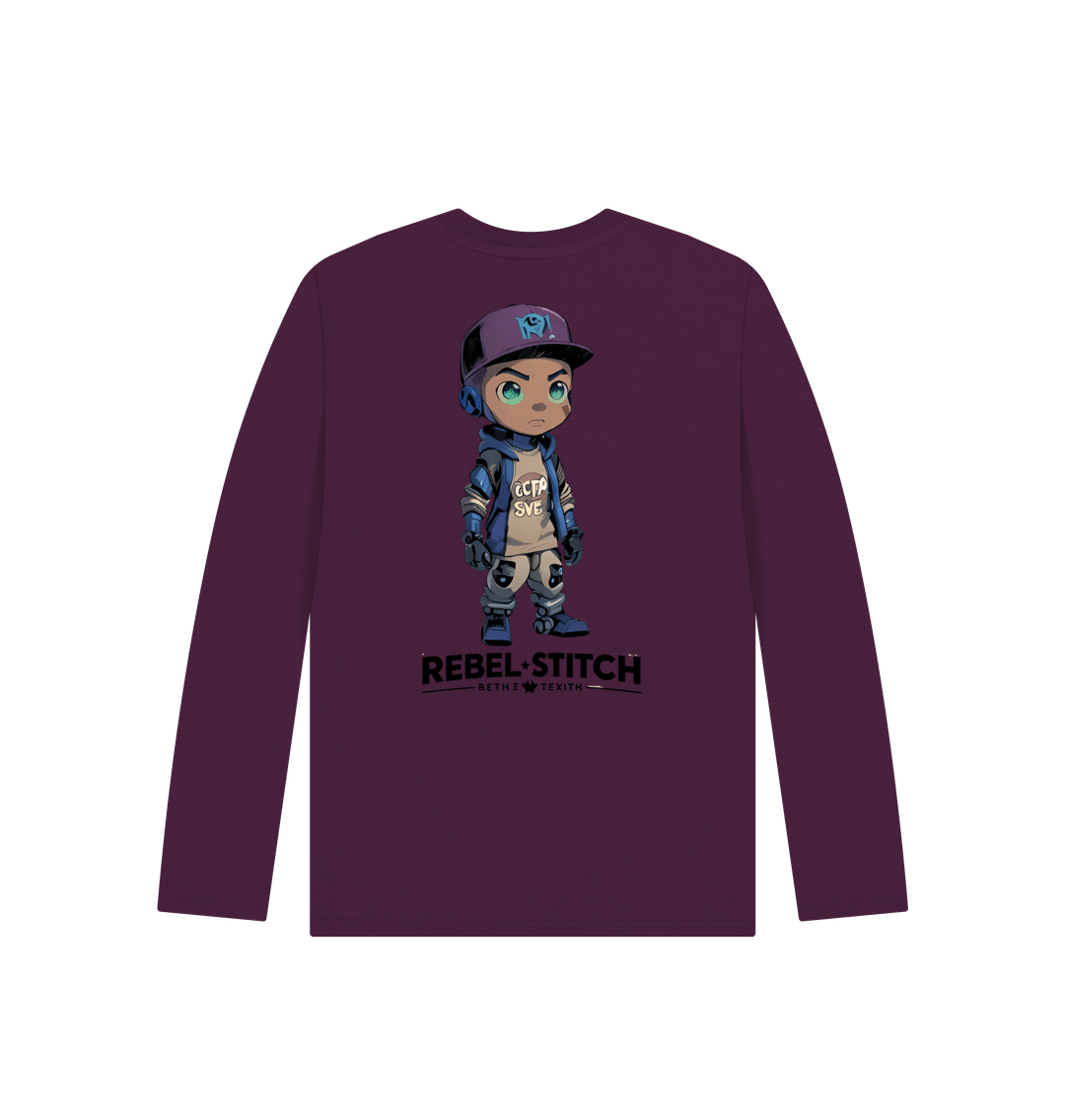 Purple Rebel Stitch Premium Cotton Long Sleeve Kids T-Shirt Rebel Kids Back Print #2