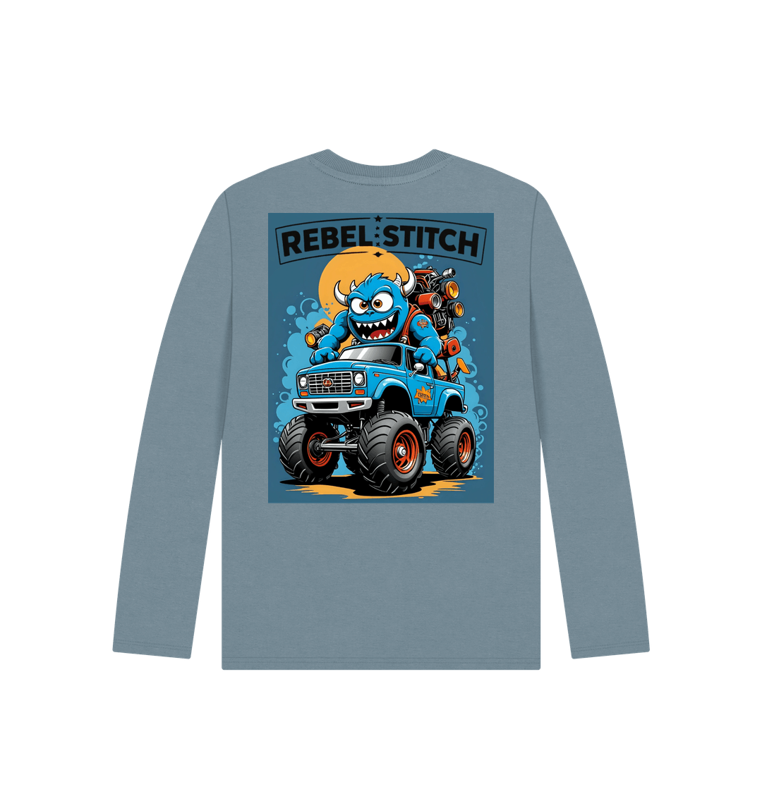 Stone Blue Rebel Stitch Premium Cotton Long Sleeve Kids T-Shirt Monster Truck Back Print #3