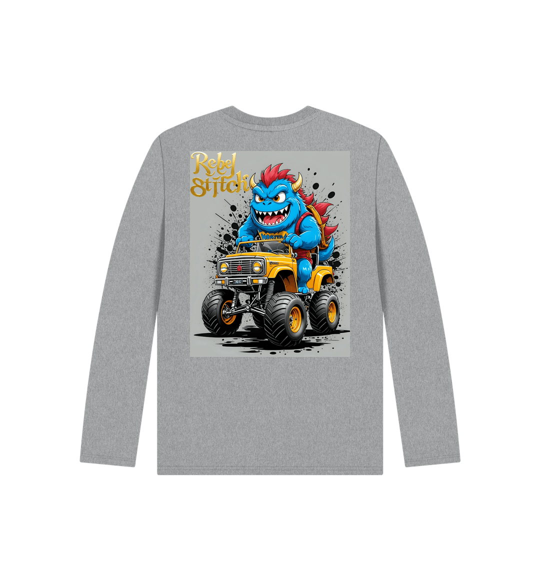 Athletic Grey Rebel Stitch Premium Cotton Long Sleeve Kids T-Shirt Monster Truck Back Print #4