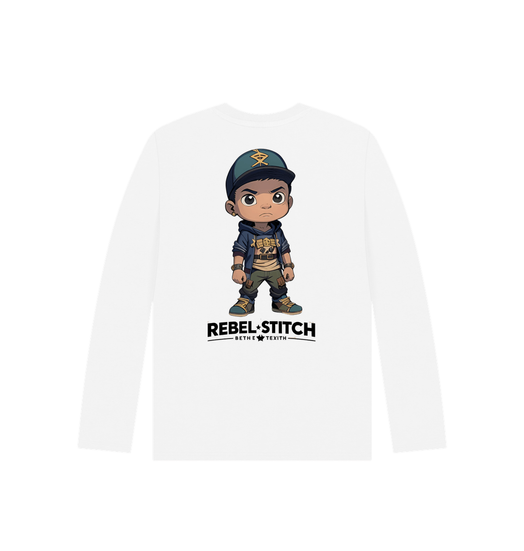 White Rebel Stitch Premium Cotton Long Sleeve Kids T-Shirt Rebel Kids Back Print #3