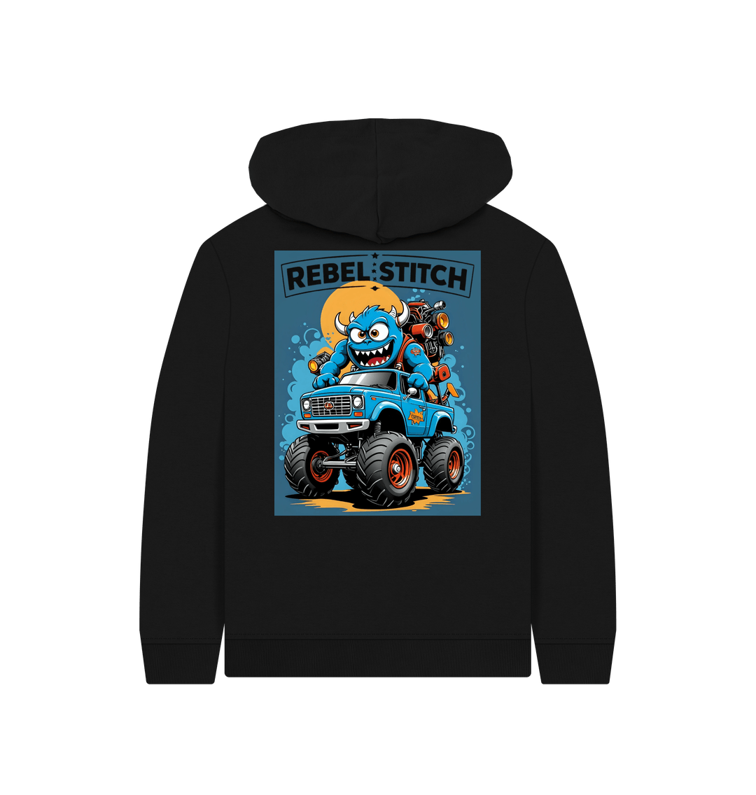 Black Rebel Stitch Premium Cotton Kids Hoodie Monster Truck Back Print #3