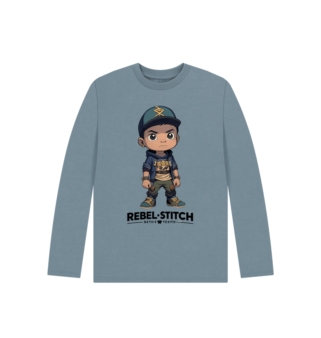 Stone Blue Rebel Stitch Premium Cotton Long Sleeve Kids T-Shirt Rebel Kids Front Print #3