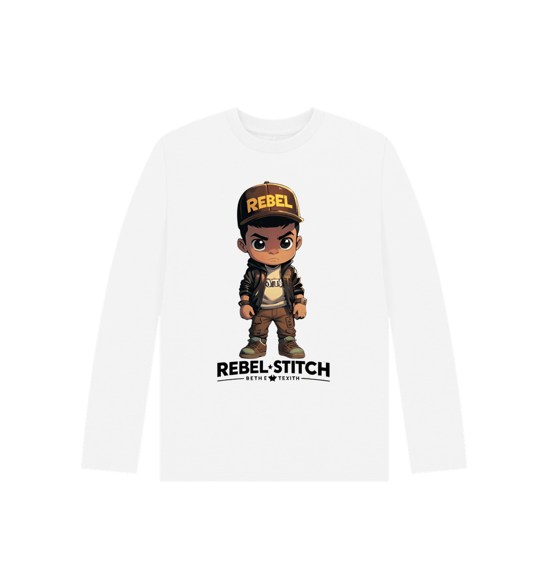 White Rebel Stitch Premium Cotton Long Sleeve Kids T-Shirt Rebel Kids Front Print #1