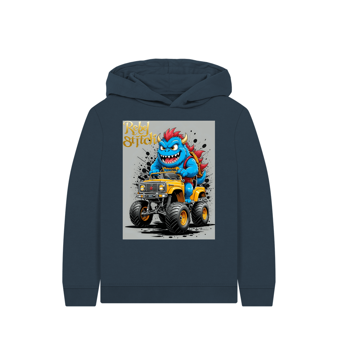 Navy Blue Rebel Stitch Premium Cotton Kids Hoodie Monster Truck Front Print #4