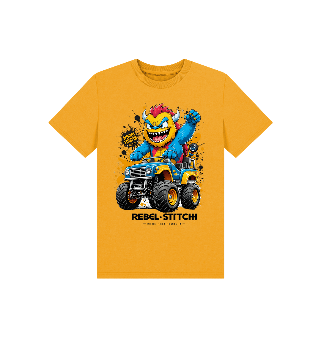 Mustard Rebel Stitch Premium Cotton Short Sleeve Kids T-Shirt Monster Truck Front Print #1