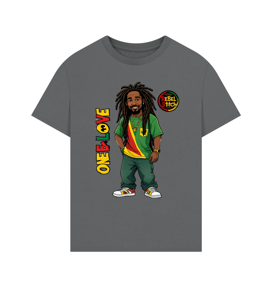 Slate Grey Rebel Stitch Premium Cotton Oversized Short Sleeve T-Shirt Zion-One Love Front Print #1