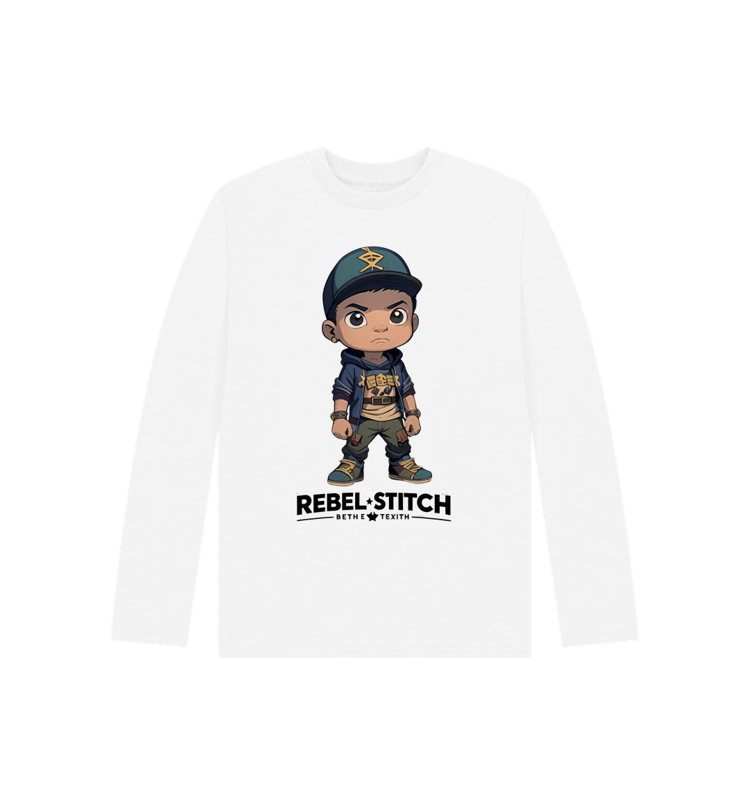 White Rebel Stitch Premium Cotton Long Sleeve Kids T-Shirt Rebel Kids Front Print #3