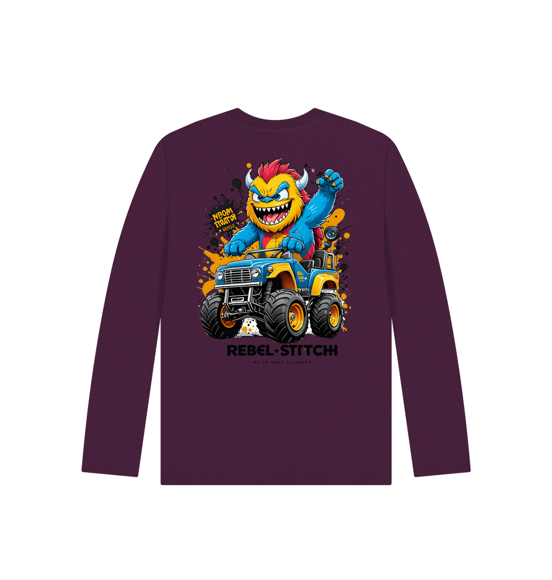 Purple Rebel Stitch Premium Cotton Long Sleeve Kids T-Shirt Monster Truck Back Print #1