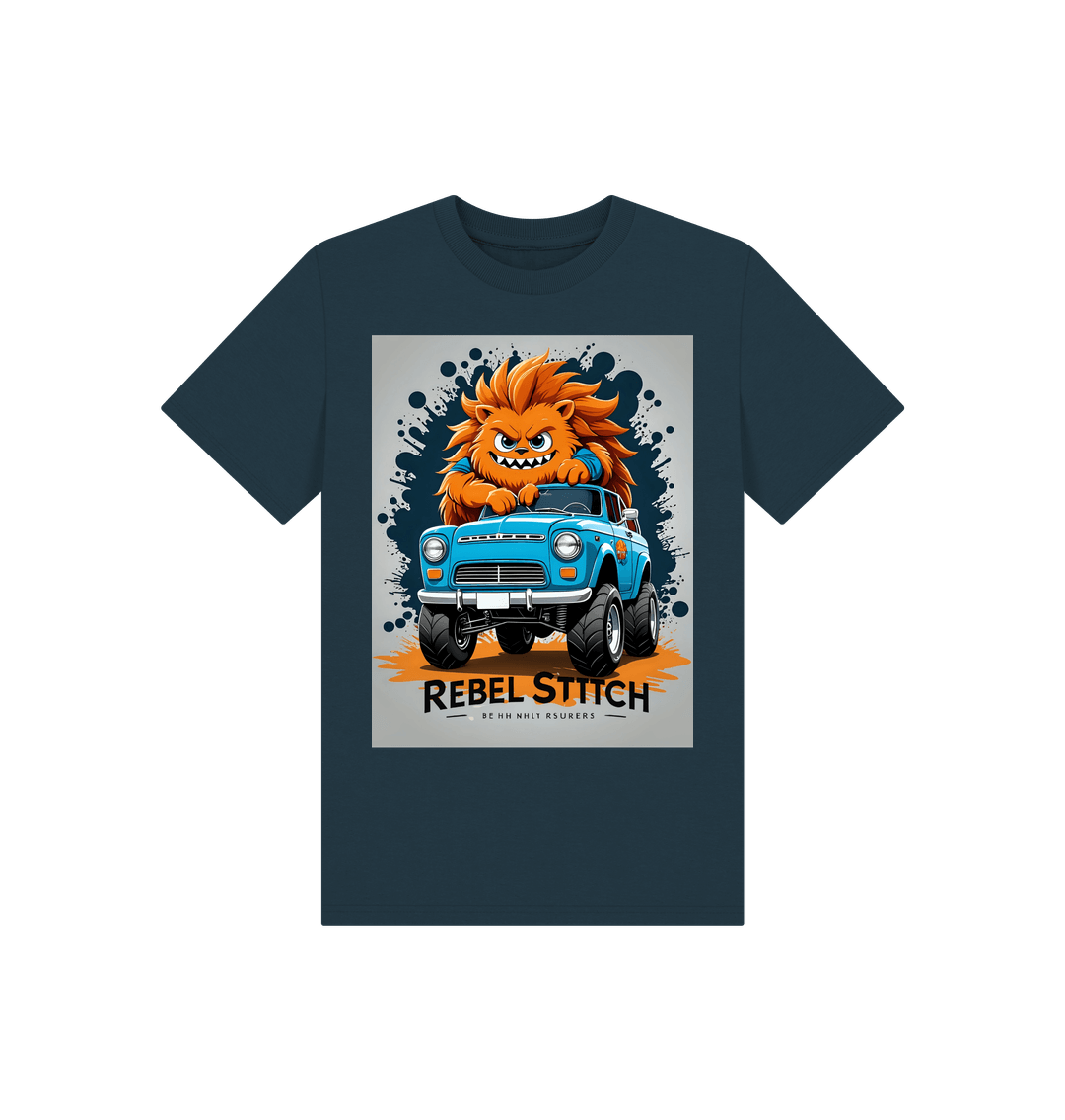 Denim Blue Rebel Stitch Premium Cotton Short Sleeve Kids T-Shirt Monster Truck Front Print #2