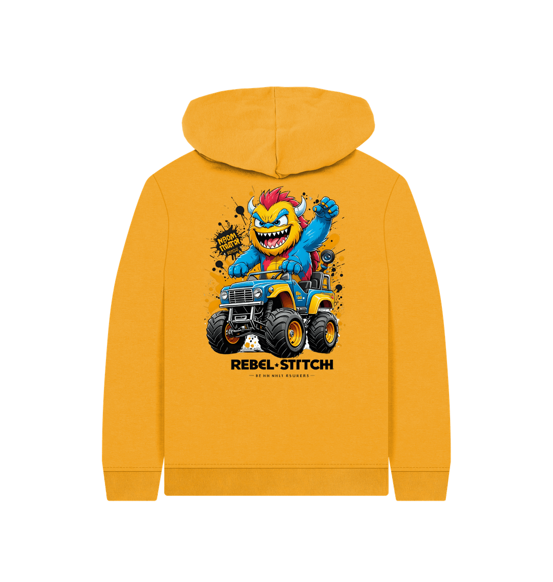 Mustard Rebel Stitch Premium Cotton Kids Hoodie Monster Truck Back Print #1