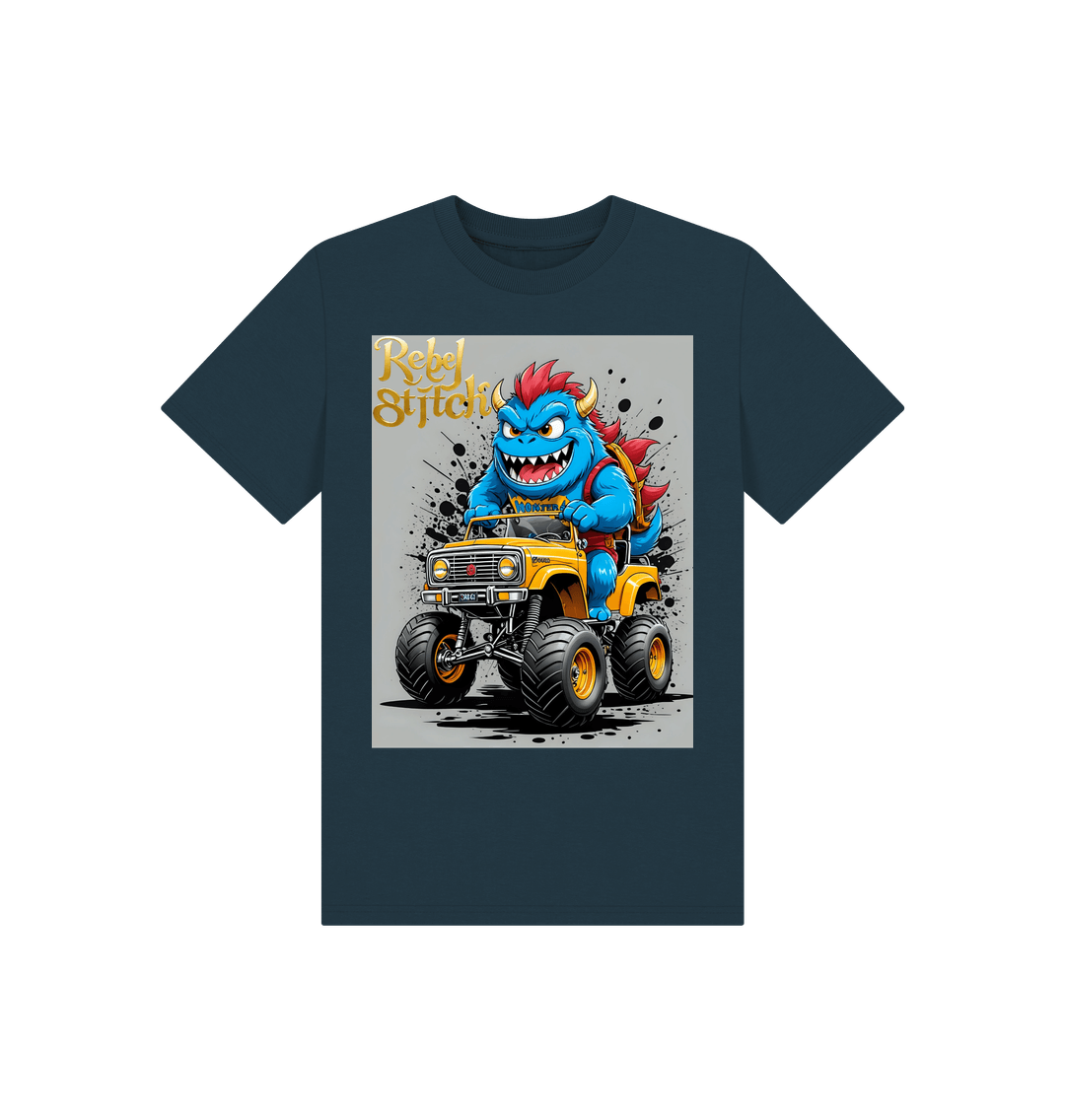 Denim Blue Rebel Stitch Premium Cotton Short Sleeve Kids T-Shirt Monster Truck Front Print #4