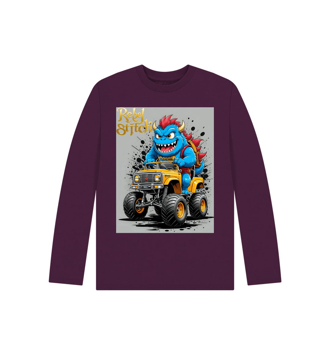 Purple Rebel Stitch Premium Cotton Long Sleeve Kids T-Shirt Monster Truck Front Print #4