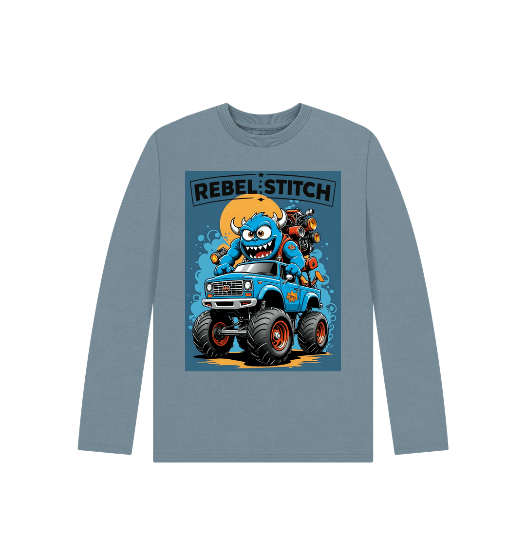 Stone Blue Rebel Stitch Premium Cotton Long Sleeve Kids T-Shirt Monster Truck Front Print #3