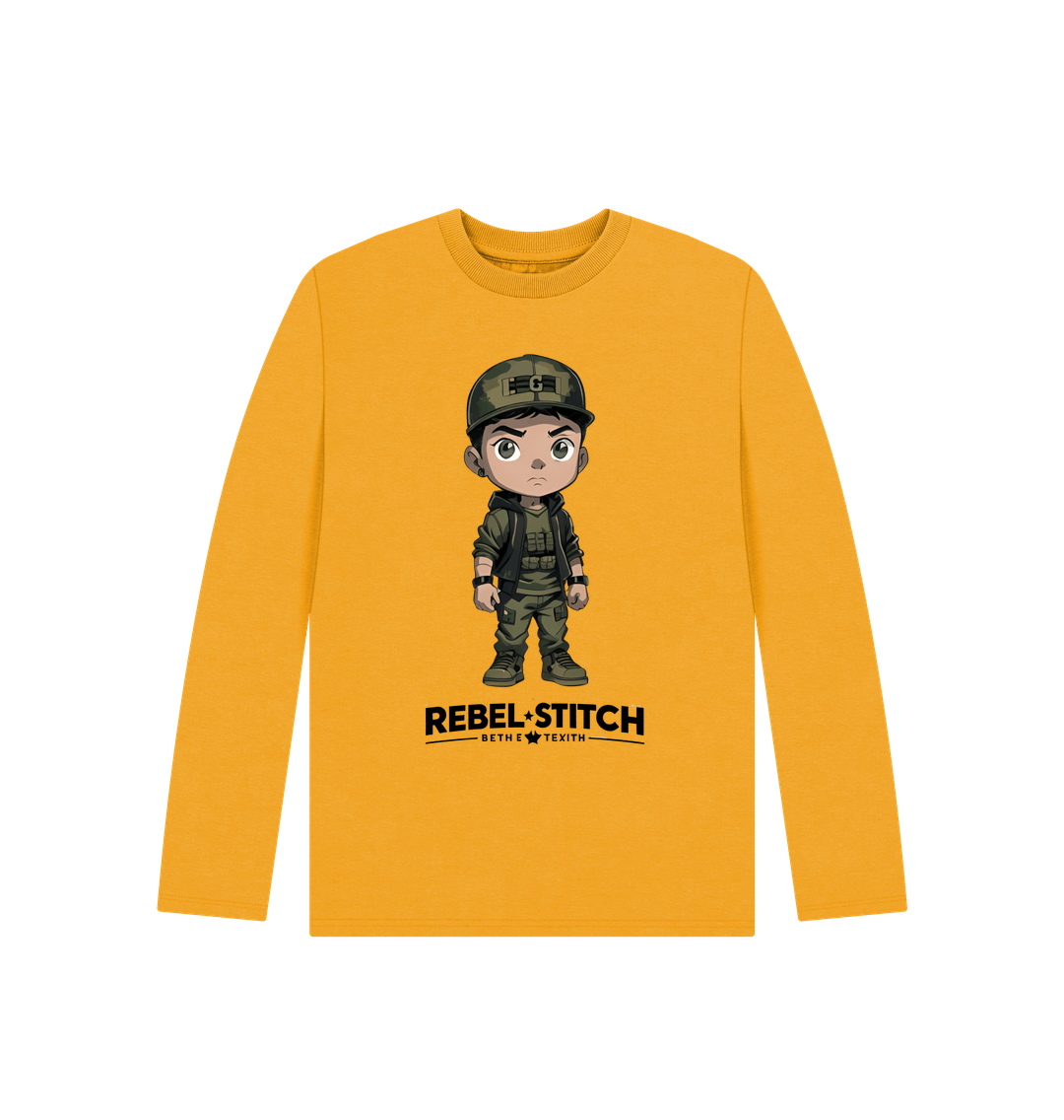 Mustard Rebel Stitch Premium Cotton Long Sleeve Kids T-Shirt Rebel Kids Front Print #4