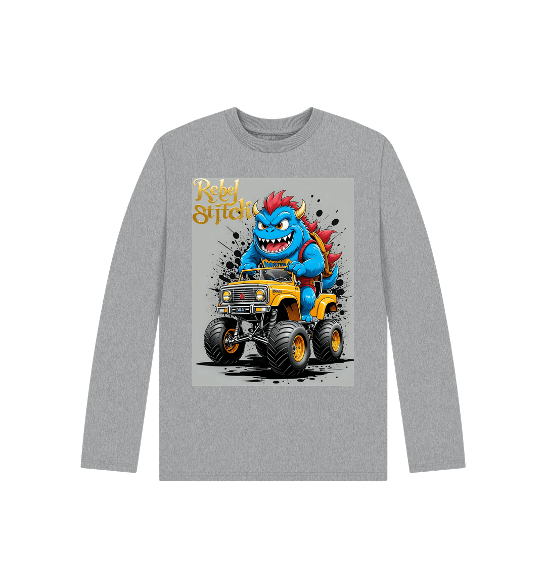 Athletic Grey Rebel Stitch Premium Cotton Long Sleeve Kids T-Shirt Monster Truck Front Print #4