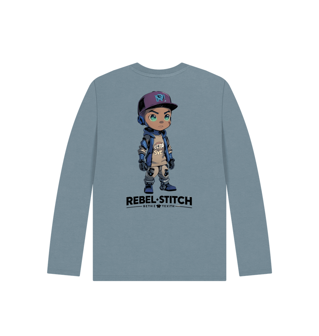 Stone Blue Rebel Stitch Premium Cotton Long Sleeve Kids T-Shirt Rebel Kids Back Print #2