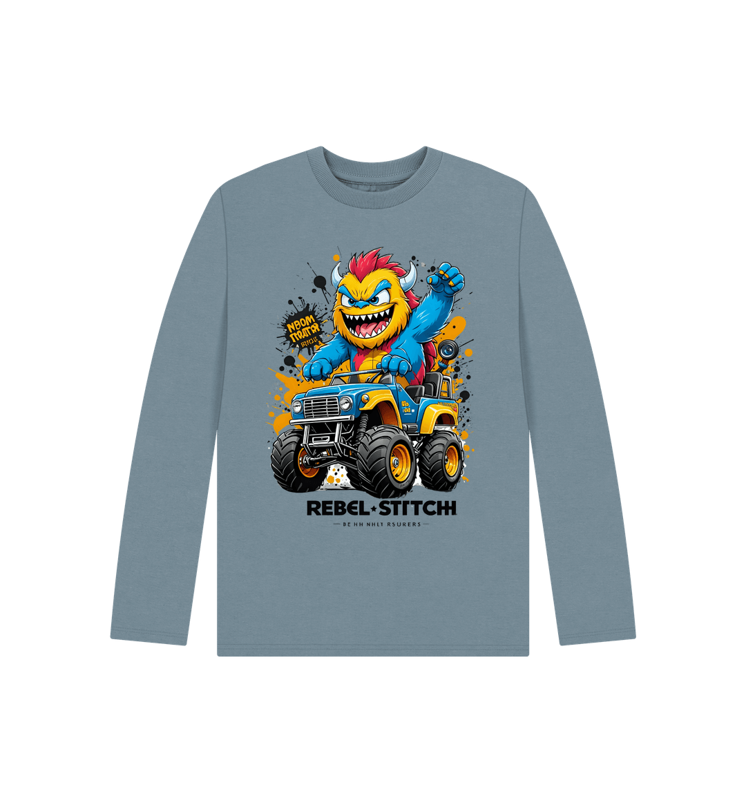 Stone Blue Rebel Stitch Premium Cotton Long Sleeve Kids T-Shirt Monster Truck Front Print #1