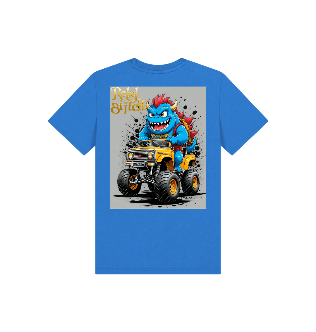 Bright Blue Rebel Stitch Premium Cotton Short Sleeve Kids T-Shirt Monster Truck Back Print #4