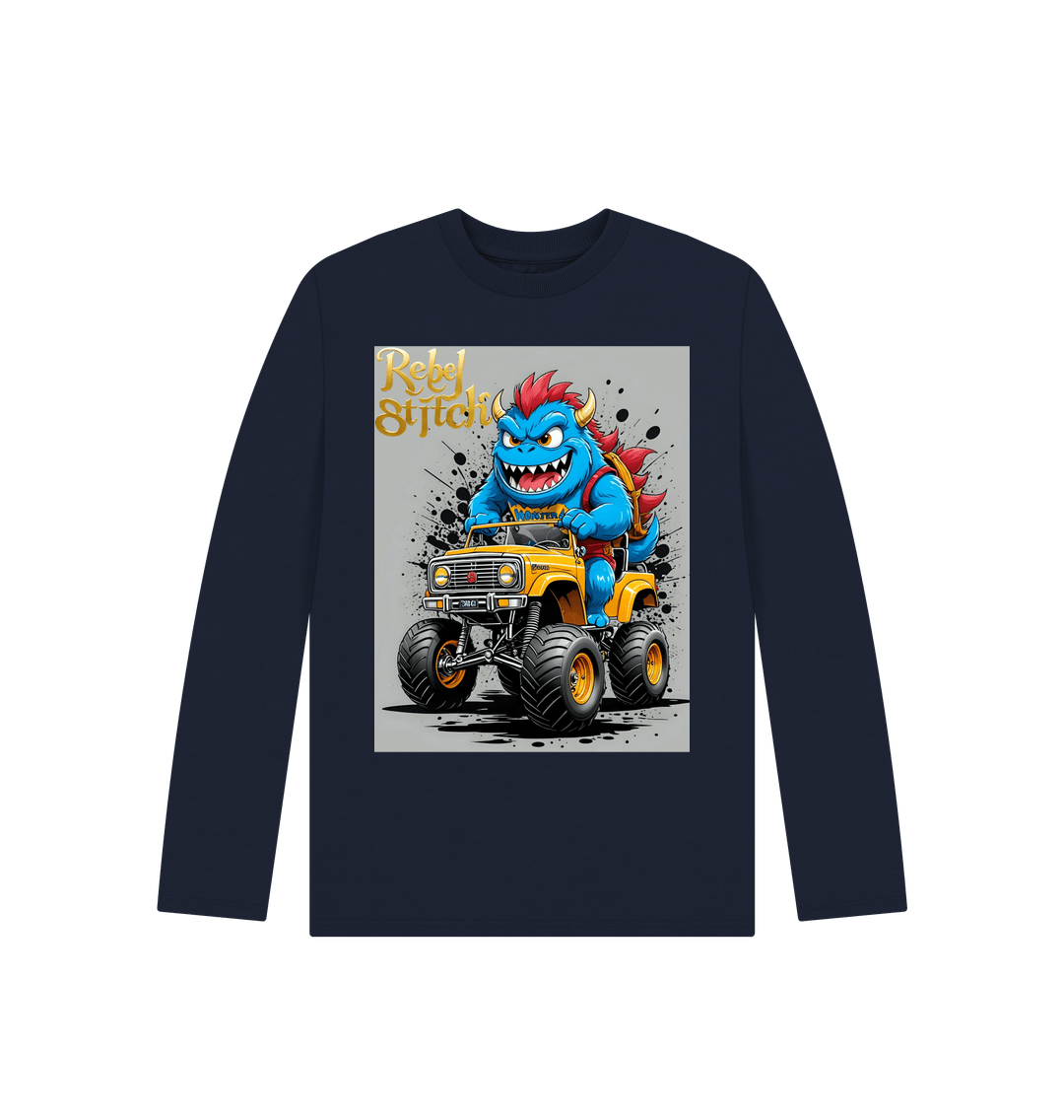 Navy Blue Rebel Stitch Premium Cotton Long Sleeve Kids T-Shirt Monster Truck Front Print #4