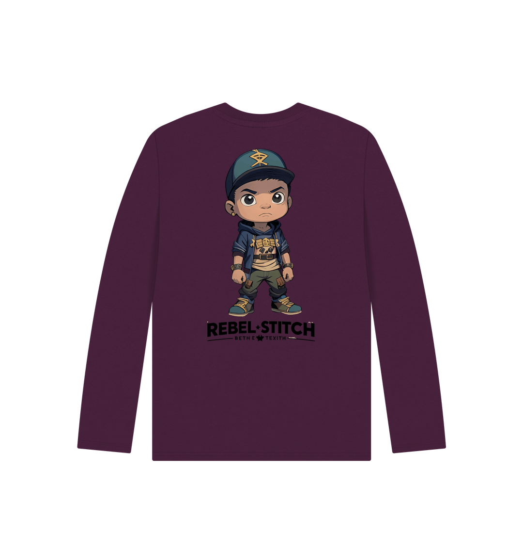 Purple Rebel Stitch Premium Cotton Long Sleeve Kids T-Shirt Rebel Kids Back Print #3