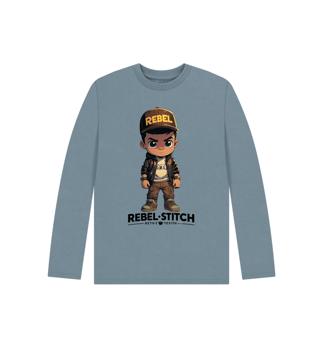 Stone Blue Rebel Stitch Premium Cotton Long Sleeve Kids T-Shirt Rebel Kids Front Print #1