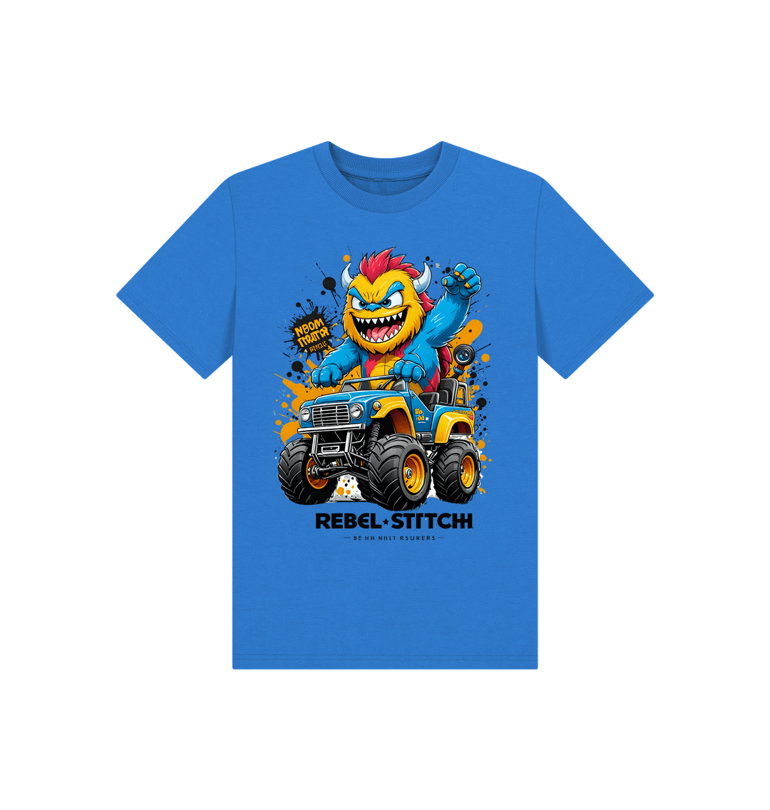 Bright Blue Rebel Stitch Premium Cotton Short Sleeve Kids T-Shirt Monster Truck Front Print #1