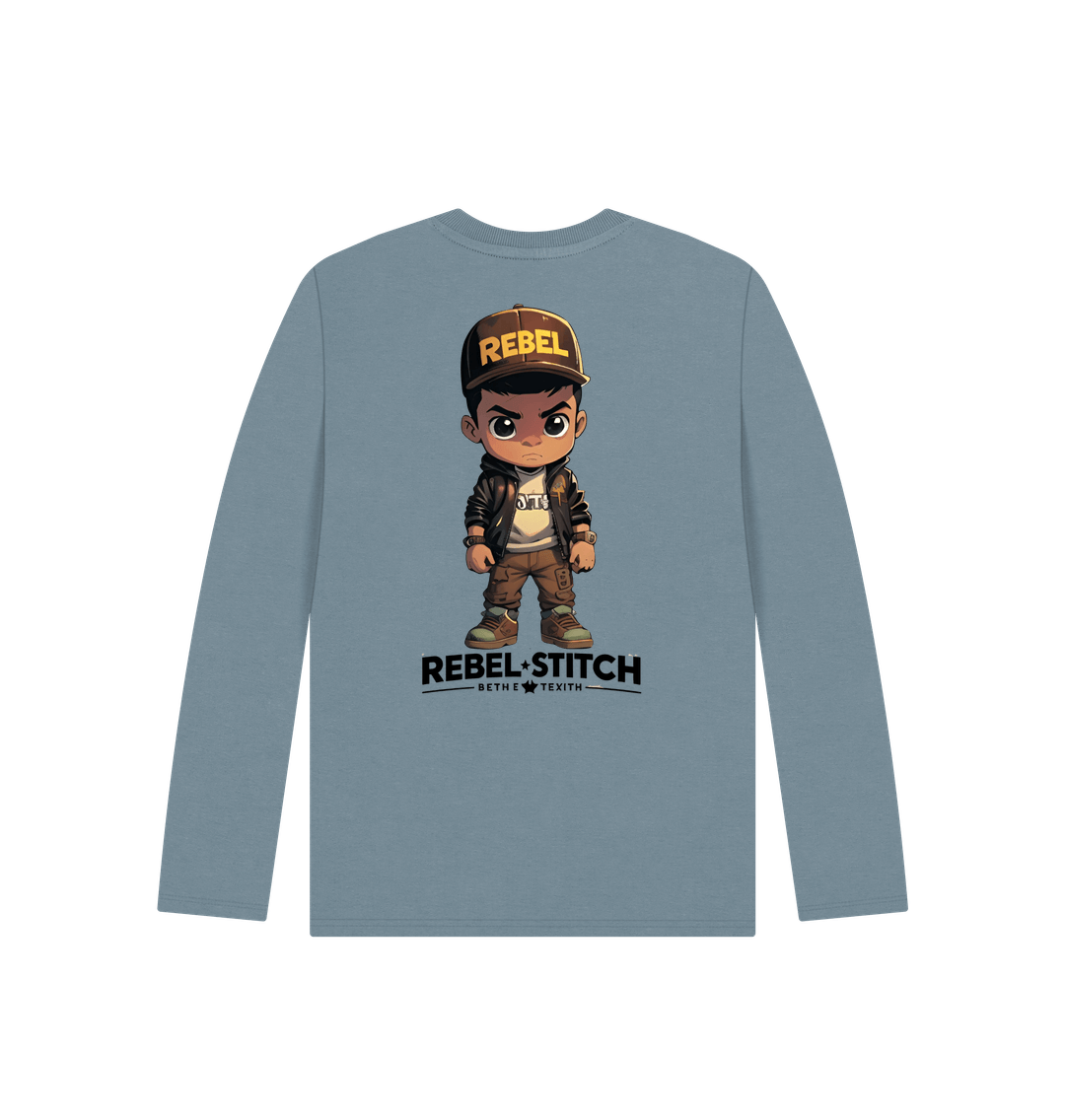 Stone Blue Rebel Stitch Premium Cotton Long Sleeve Kids T-Shirt Rebel Kids Back Print #1