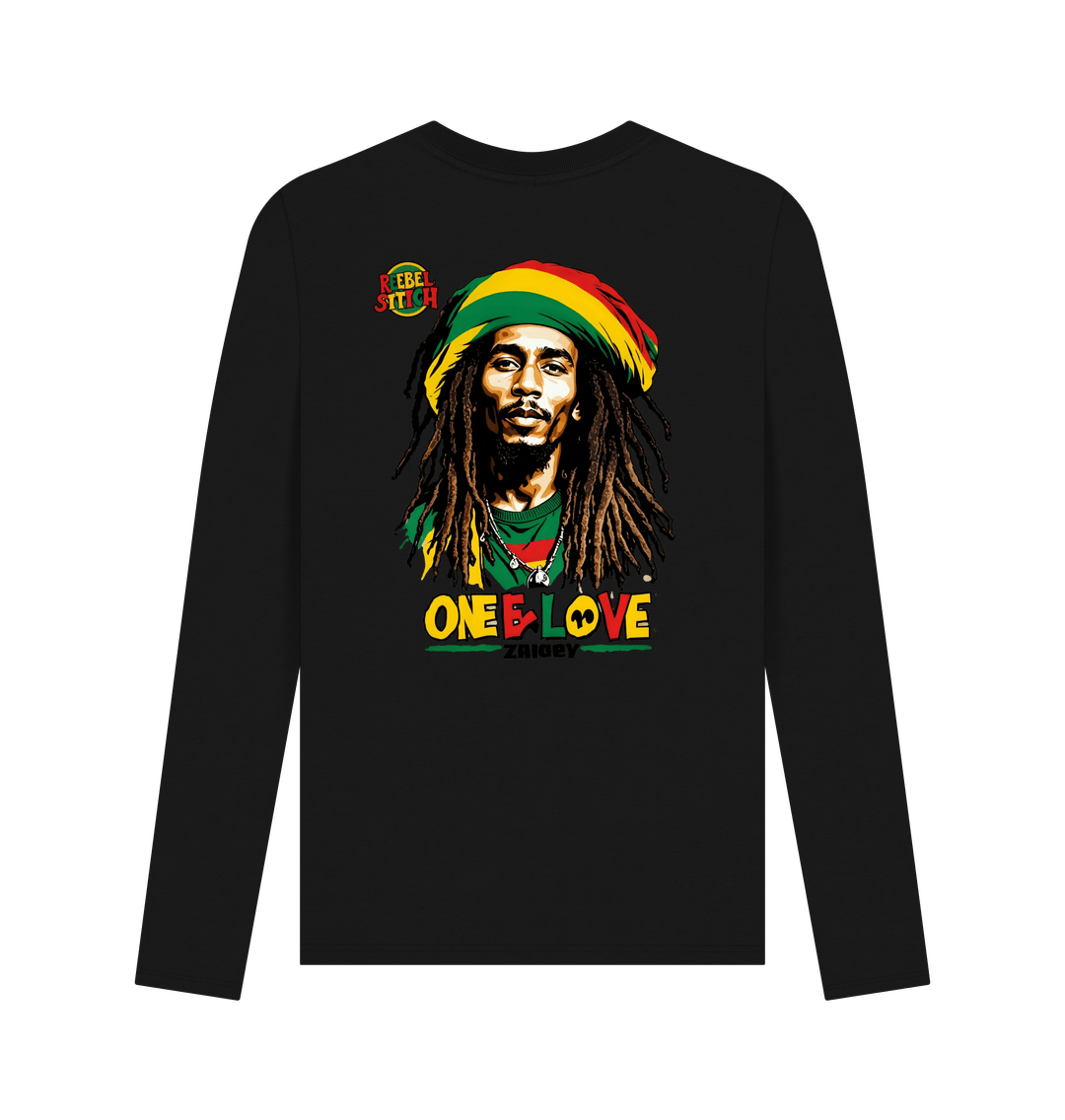 Black Rebel Stitch Premium Cotton Long Sleeve T-Shirt Zion-One Love Back Print #2