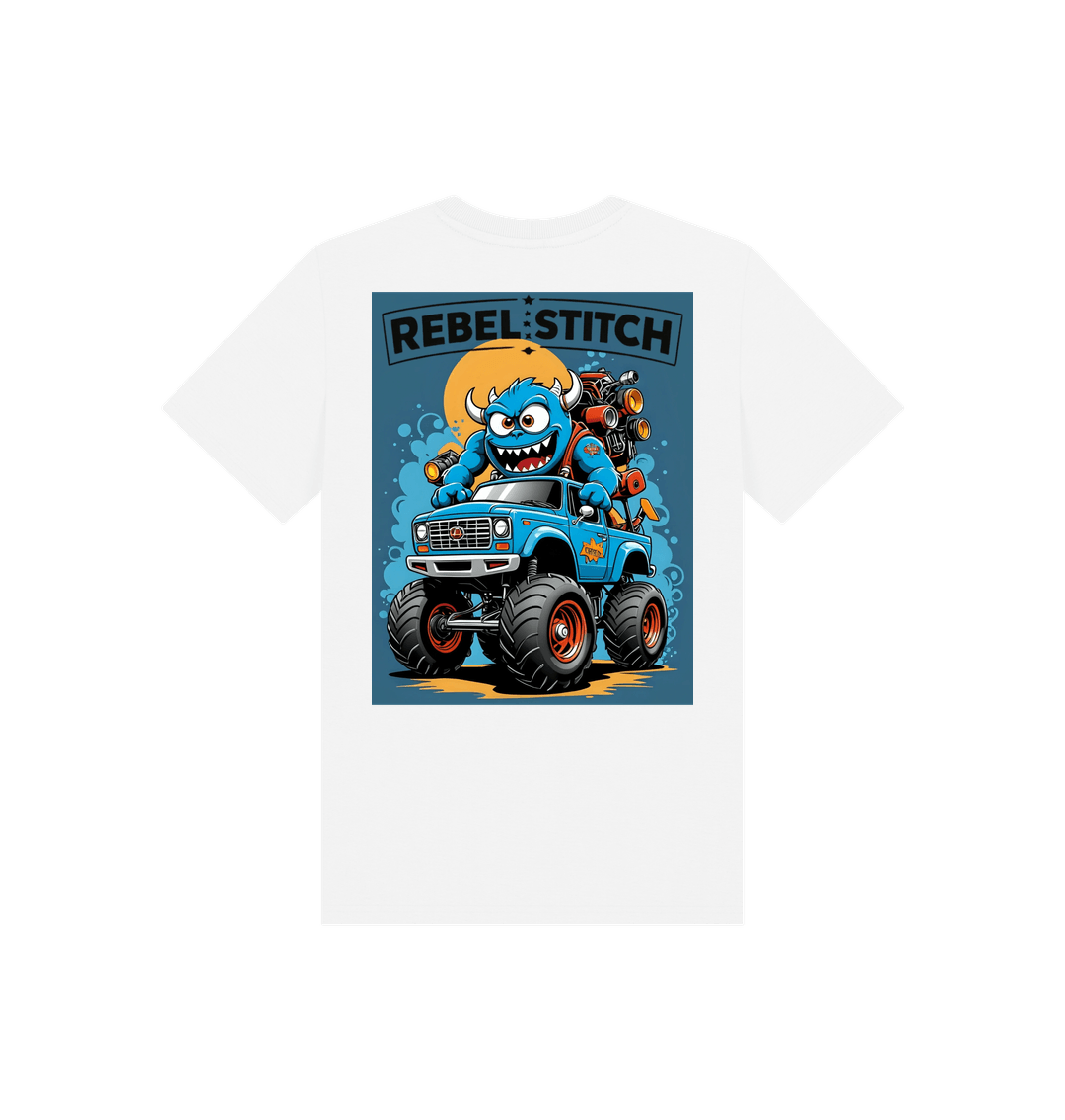 White Rebel Stitch Premium Cotton Short Sleeve Kids T-Shirt Monster Truck Back Print #3