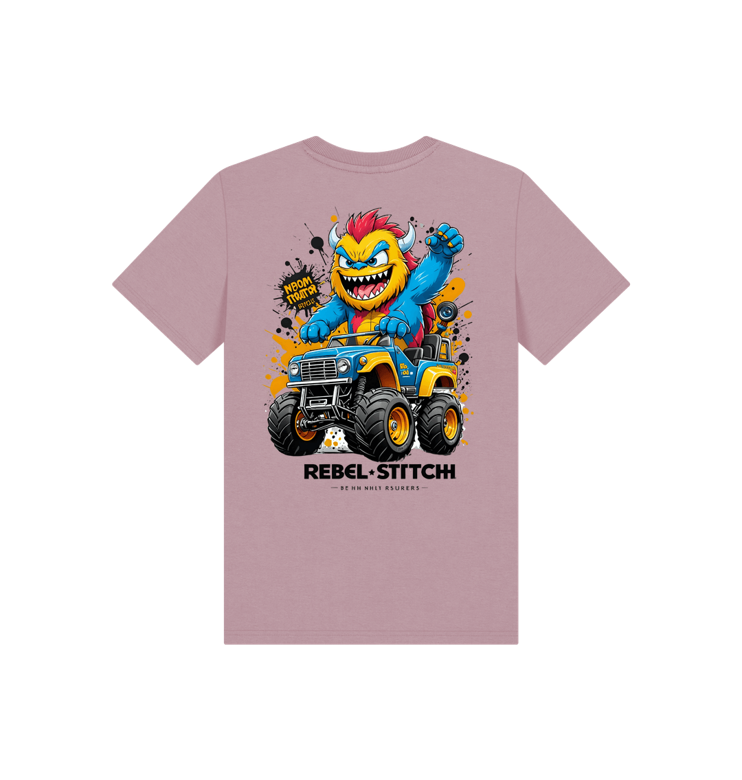 Mauve Rebel Stitch Premium Cotton Short Sleeve Kids T-Shirt Monster Truck Back Print #1