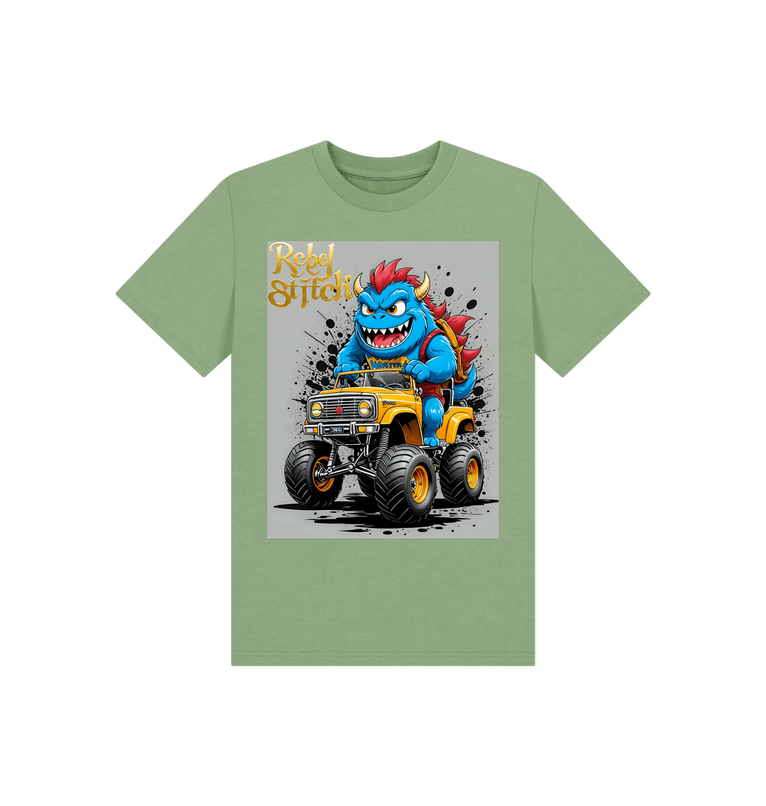 Sage Rebel Stitch Premium Cotton Short Sleeve Kids T-Shirt Monster Truck Front Print #4