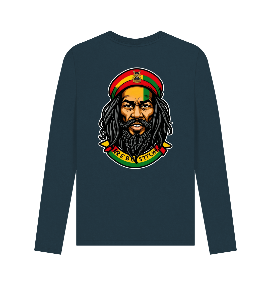 Denim Blue Rebel Stitch Premium Cotton Long Sleeve T-Shirt Zion-One Love Back Print #3